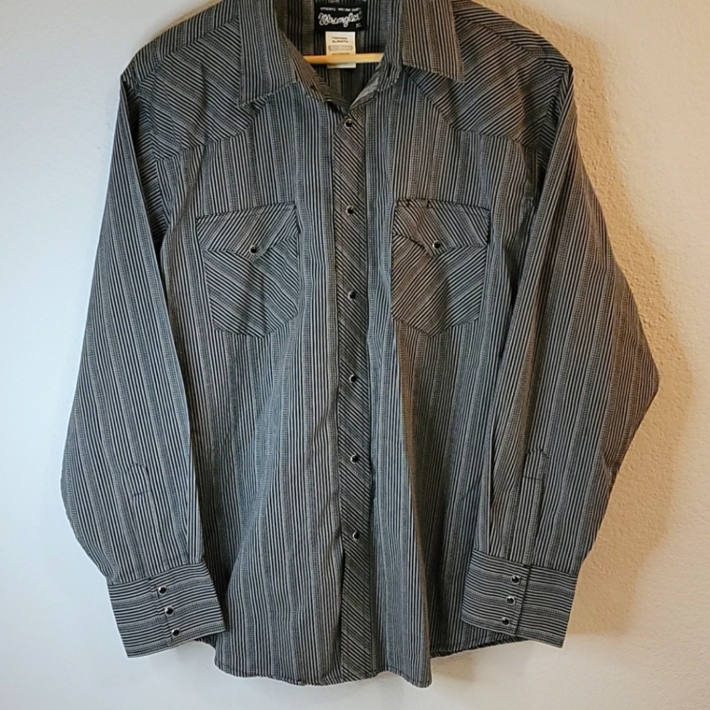 Wrangler Western Shirt XL Black Stripped Pearl Buttons Wash and Wear  RN 130273